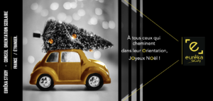 Noël 2021_ Voiture avec sapin qui trouve sa voie sur les chemins de l'orientation eurêka Study