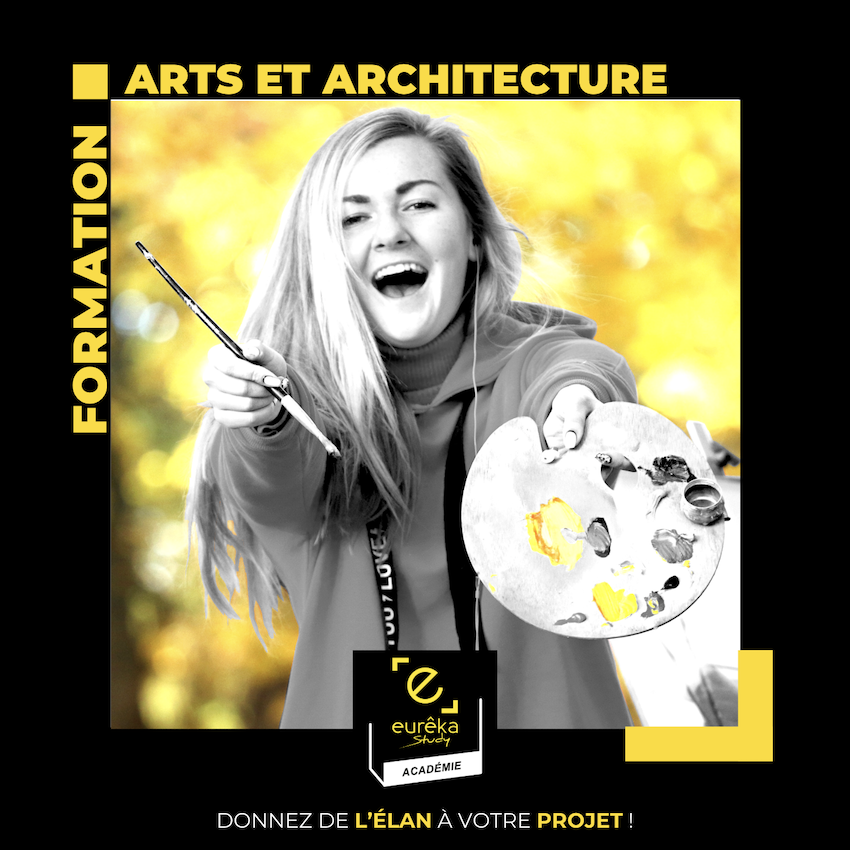 jeune fille avec une palette de peintre pour une formation sur les études d'arts et d'architecture logo académie eurêka study