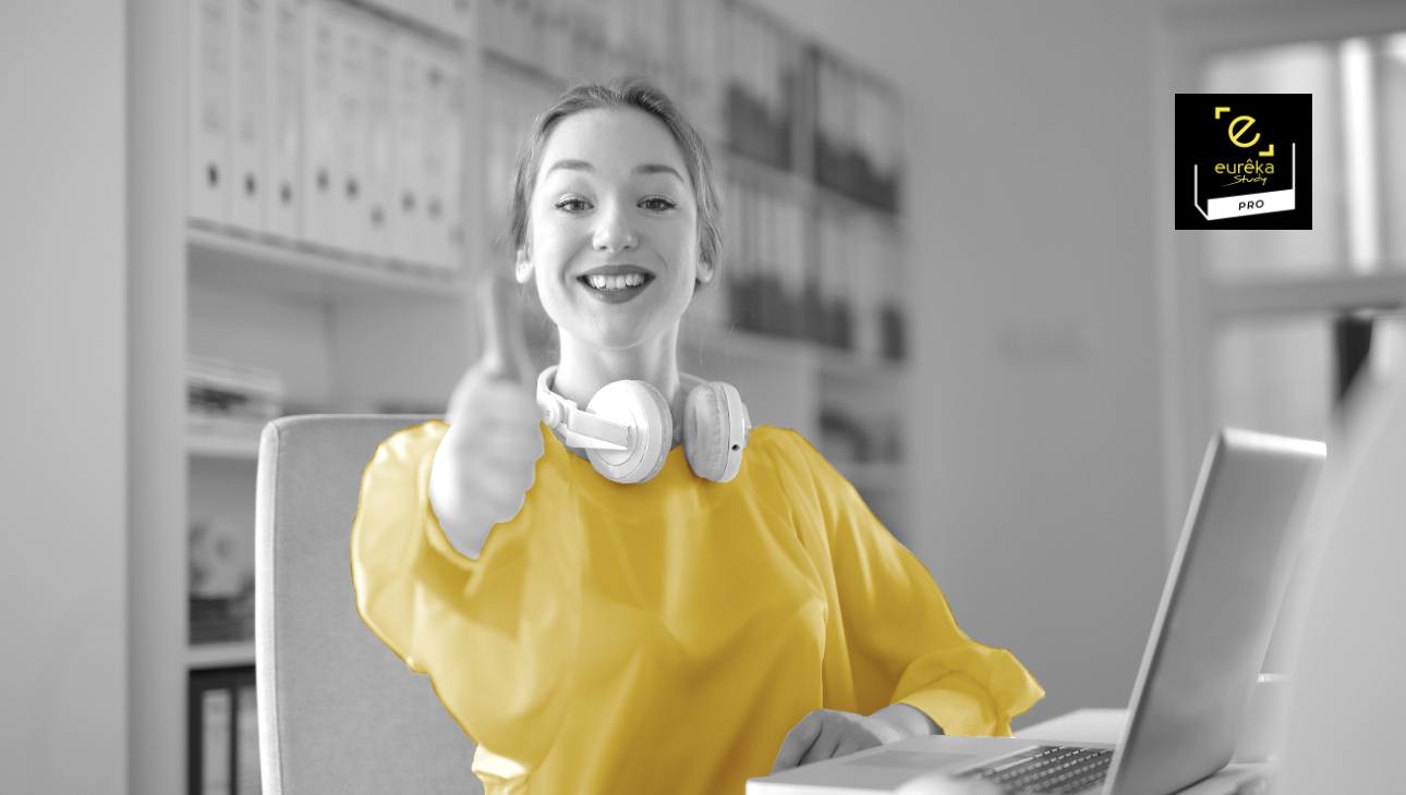 femme coach professionnelle de l'orientation avec logo eurêka study pro